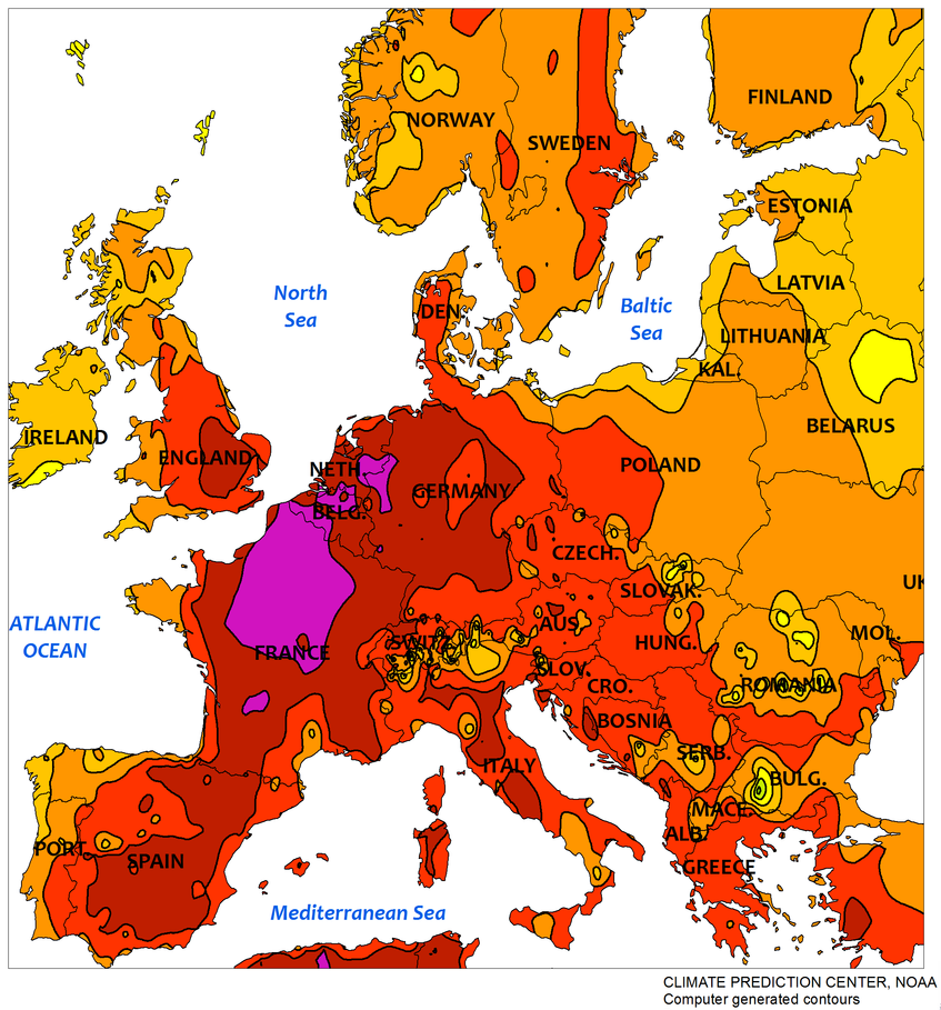 July 2019 heatwave mapped by US Climate Prediction Centre (purple areas >40°C)  